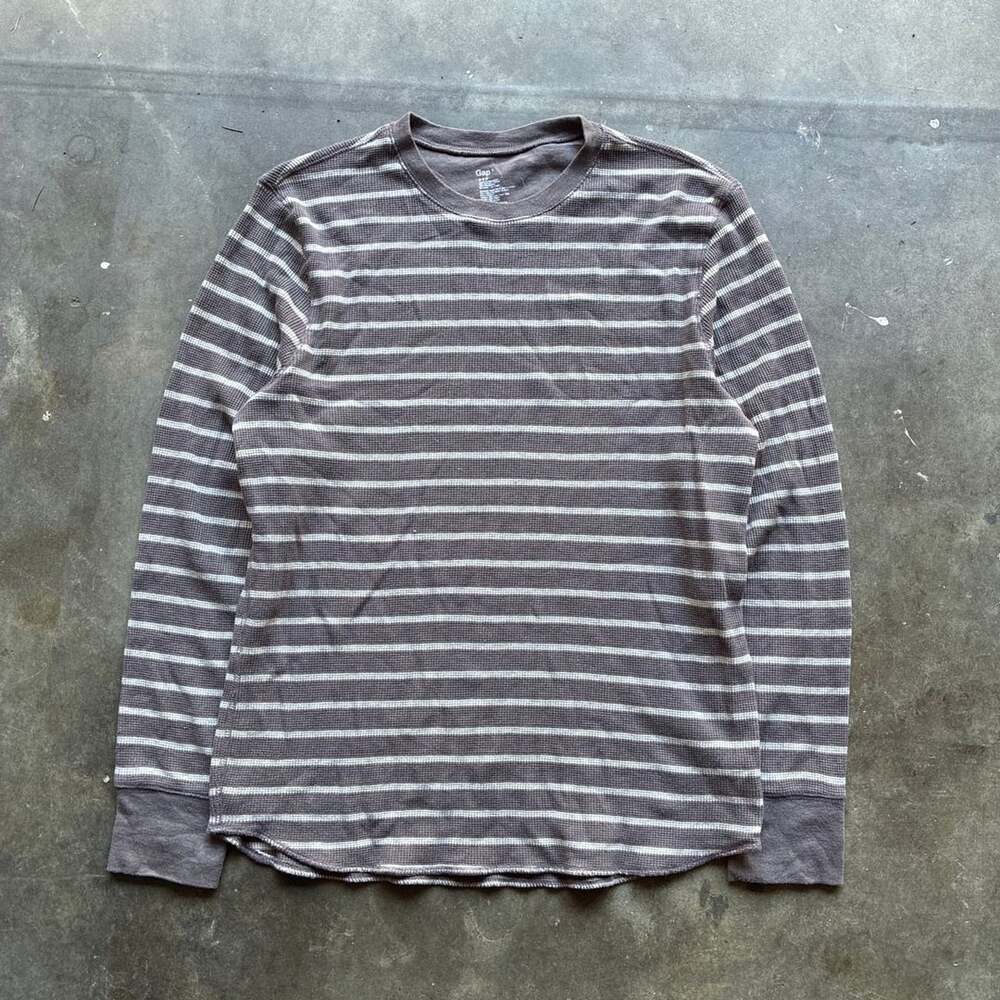 Early 2000’s Gap Thermal waffle knit Striped Long Sleeve Size L Gray